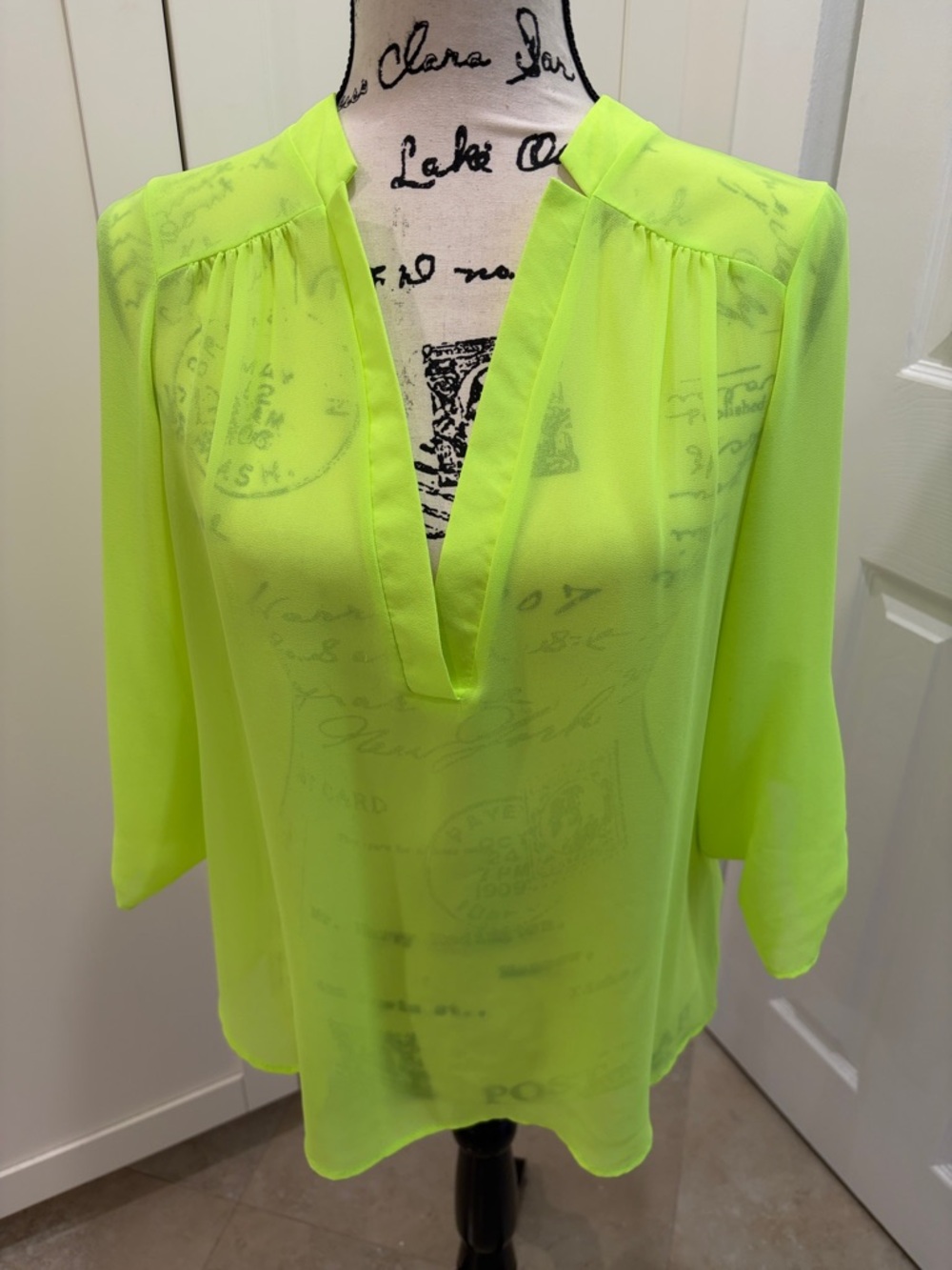 Neon Yellow Split V-Neck Chiffon Blouse - Women